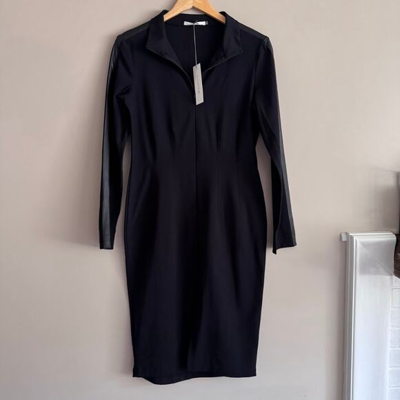 Elaine Kim Black Rimini Tech Stretch Zip Long Sleeve Leather Trim Dress New L - Picture 1 of 7
